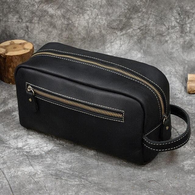 Trousse de toilette en cuir authentique noir