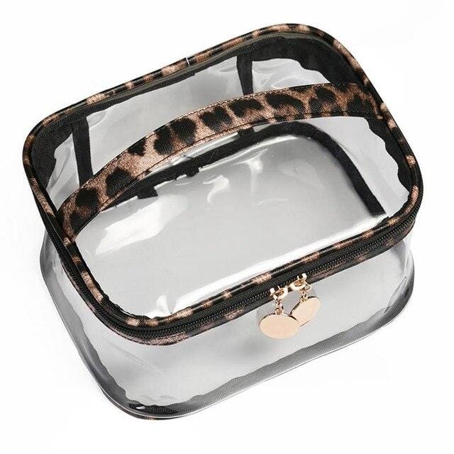 trousse de toilette motif léopard transparent